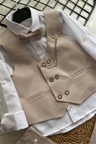 Zincir Detay Çift Düğmeli Erkek Çocuk Takım Elbise Bej