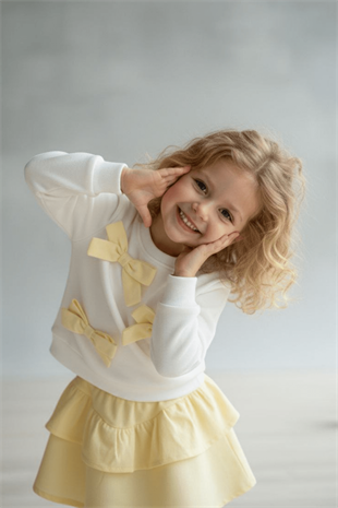 2-10 Yaş Fiyonk Detay Etekli Uzun Kol Kız Çocuk Takım Sarı