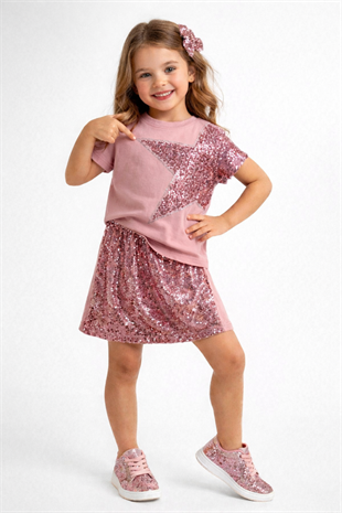 4-10 Payetli Yıldız Detay Şort Etekli Kız Çocuk Takım Gül Kurusu