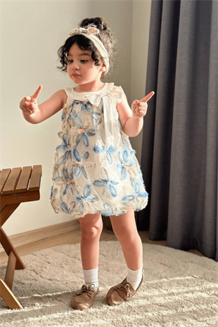 3-10 Yaş Zambak Model Kız Çocuk Elbise Mavi
