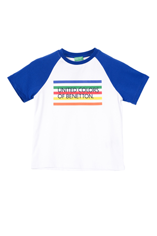 4-14 Yaş Benetton Bisiklet Yaka Logo Baskılı Erkek Çocuk Tshirt Beyaz