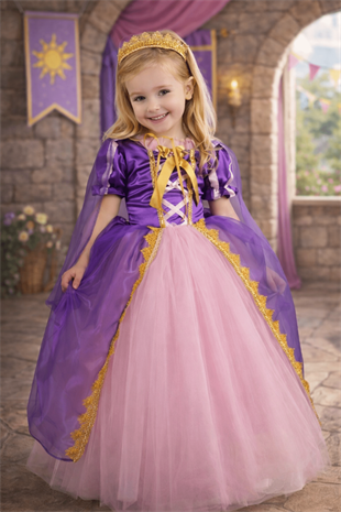 Rapunzel Uzun Kız Çocuk Kostüm