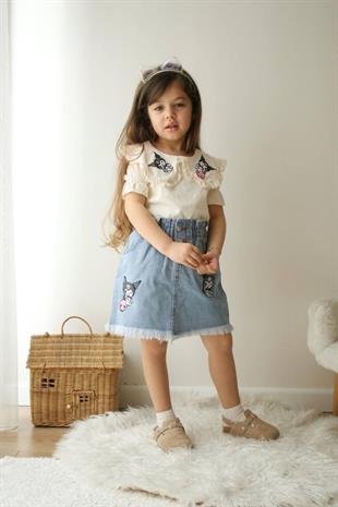 3-10 Yaş Bebe Yaka Kuromi Nakış Detay Kot Etekli Kız Çocuk Takım