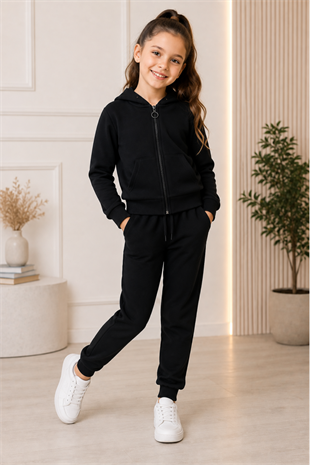 6-14 Yaş Fermuarlı Kapüşonlu Basic Unisex Çocuk Takım Siyah