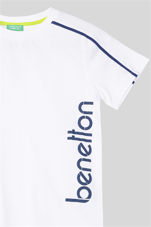 4-14 Yaş Benetton Biye Detay Erkek Çocuk Tshirt Beyaz