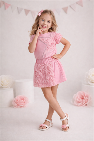 4-10 Yıldız Detay Şort Etekli Güllü Takım Pembe