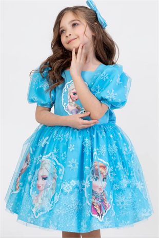 Elsa Kısa Kol Kız Çocuk Elbise Mavi Karlar Ülkesi