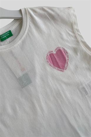 4-14 Yaş Benetton Simli Kalp Baskılı Kız Çocuk Tişört