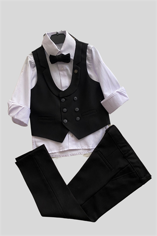 Katlama Detay Yelekli Rozetli Çocuk Takım Elbise Siyah