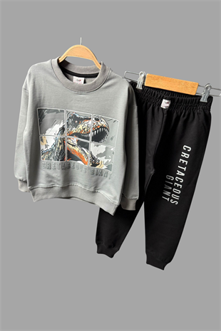 3-10 Yaş Dinozor Baskılı Erkek Çocuk Eşofman Takımı Gri