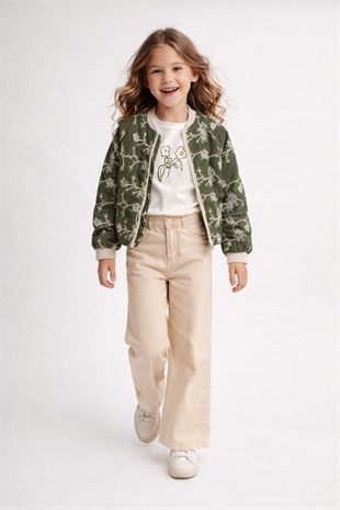 4-8 Yaş Nakışlı Bomber Ceketli 3lü Kız Çocuk Takım Yeşil