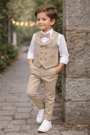 Smart Katlamalı Yelekli Çocuk Takım Elbise Latte