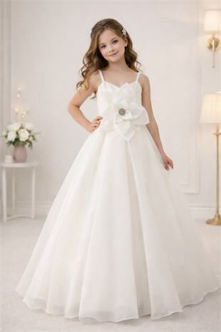 3-12 Yaş Sindy Önü Gül Detay Kız Çocuk Gelinlik Krem