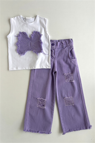 3-14 Yaş Kelebek Armalı Kot Pantolonlu Kız Takım Lila