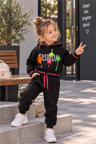 Fashion East Neon Detay Fileli Kız Çocuk Eşofman Takımı Siyah