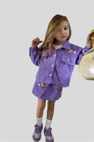 Nakışlı Kot Ceket Etek Bluz Kız Çocuk Takımı Mor