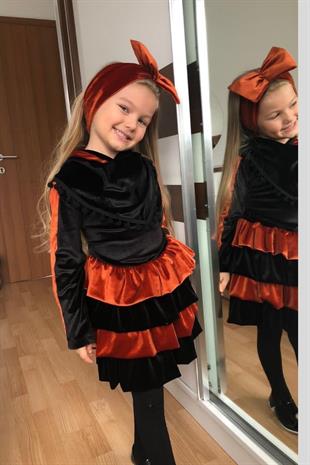 Bandanalı Kadife Kat Kat Çocuk Elbise Kiremit 