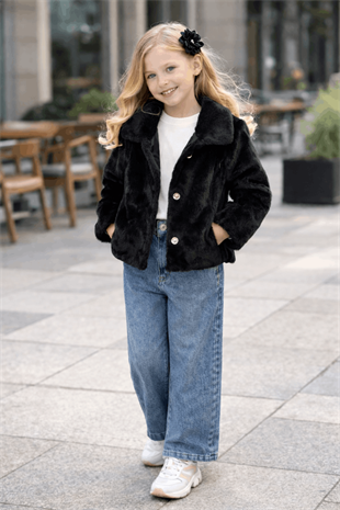 3-10 Yaş Kürk Ceketli Kotlu 3lü Kız Takım Siyah