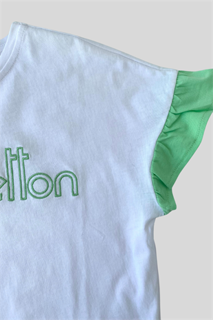 4-14 Yaş Benetton Kolları Fırfırlı Kız Çocuk T-shirt Beyaz
