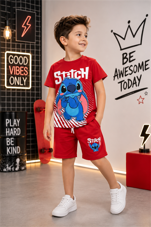 3-10 Yaş Stitch Maskeli Şortlu Çocuk Takım Kırmızı