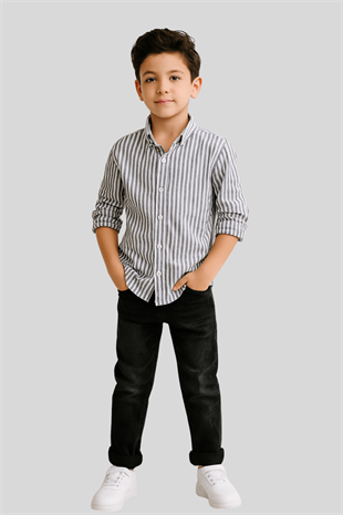 5-14 Yaş Cool Çizgili Gömlek Kot Pantolonlu Erkek Çocuk Takım Gri