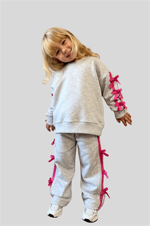 3-10 Yaş Fiyonklu Kız Çocuk Eşofman Takımı Gri