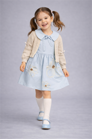 6-9 Yaş Triko Hırkalı Bebe Yaka Kız Çocuk Elbise Bebe Mavi