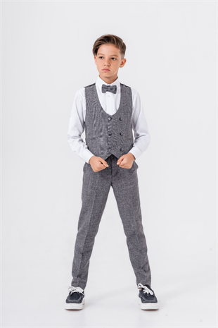 Katyonik Ceketli Yelekli Papyonlu Erkek Çocuk Takım Elbise Gri