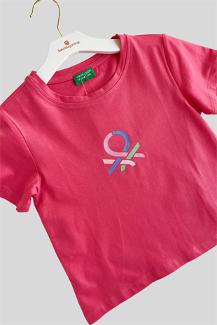 4-14 Yaş Benetton Sim Baskı Kız Çocuk Tişört Pembe