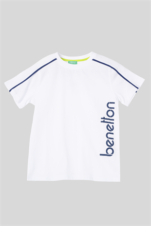 4-14 Yaş Benetton Biye Detay Erkek Çocuk Tshirt Beyaz