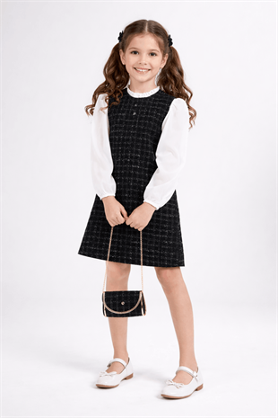 6-10 Yaş Premium İnci Düğmeli Kol Detay Tüvit Elbise Siyah