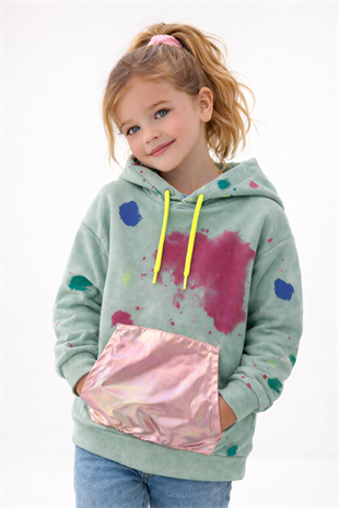 6-9 Yaş Batik Desen Kapüşonlu Kız Çocuk Sweat Yeşil