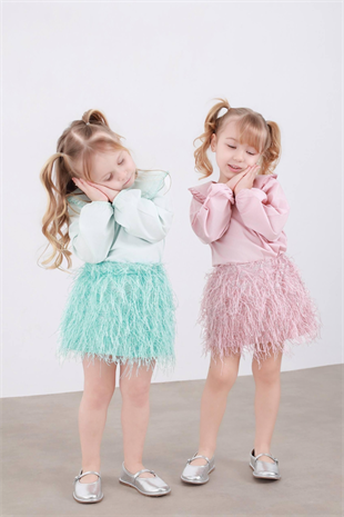 2-8 Yaş Etekleri Püsküllü Kız Çocuk Takım Pudra