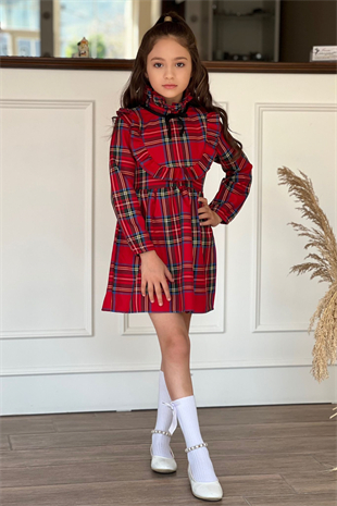 Ekose Desen Kız Çocuk Elbise