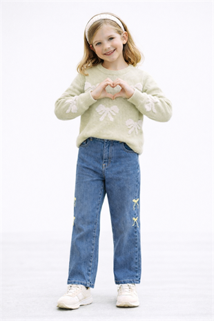 3-7 Yaş Fiyonk Nakışlı Triko Kazak ve Kot Pantolon Kız Takım Yeşil