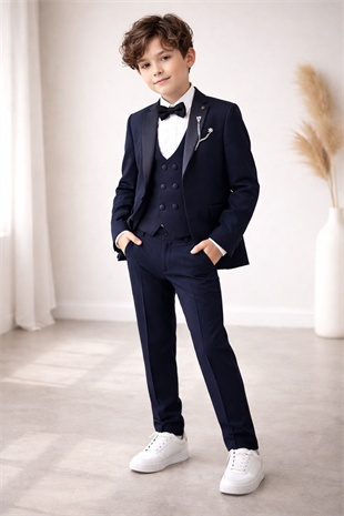 3-14 Yaş Premium Double Yaka Zincirli Erkek Çocuk Damatlık Lacivert