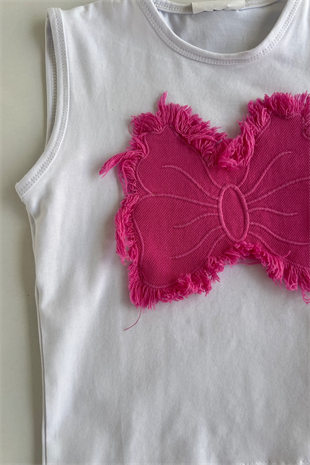 3-14 Yaş Kelebek Armalı Kot Pantolonlu Kız Takım Pembe