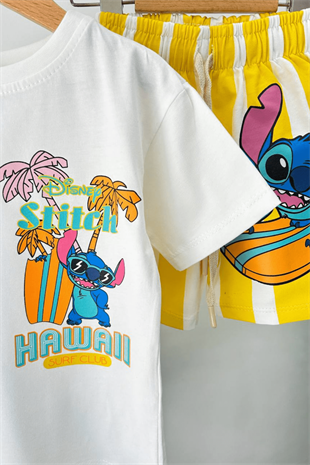2-8 Yaş Stitch Baskılı Şortlu Erkek Çocuk Takım Sarı