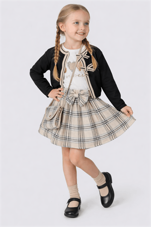 2-5 Yaş Premium Fiyonk Hırkalı Etekli Çantalı Kız Çocuk Takım Siyah