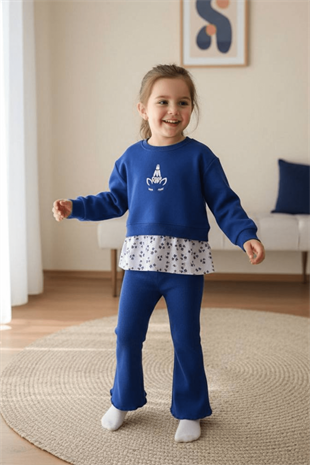 2-8 Yaş Unicorn Çiçek Detay İspanyol Kız Çocuk Takım Mavi