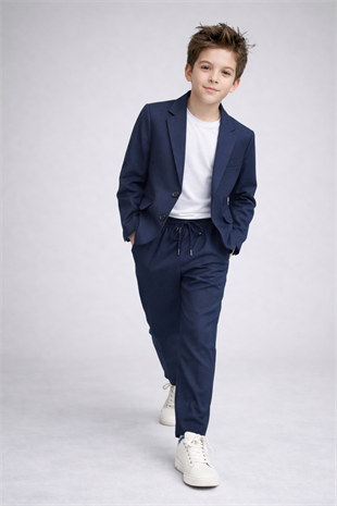 2-13 Yaş Premium Tişörtlü Başak Doku Keten Çocuk Takım Elbise Lacivert