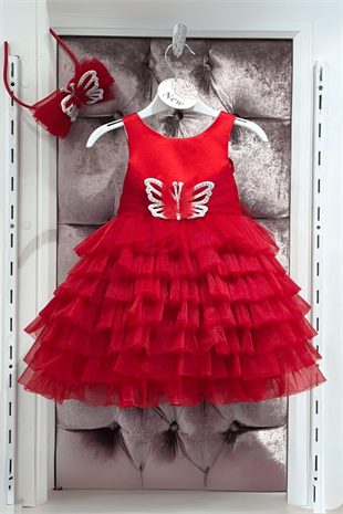 Önü Kelebek Detay Kız Çocuk Elbise Kırmızı