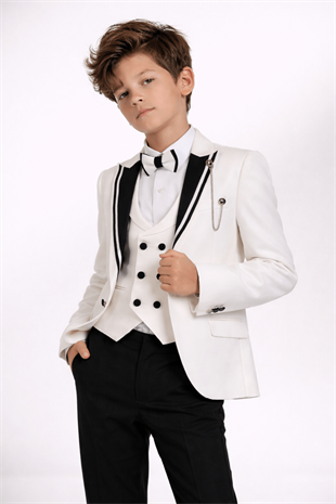 3-14 Yaş Premium Yeleği Katlamalı Erkek Çocuk Damatlık Krem