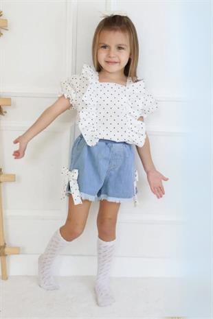 3-10 Yaş Fırfır Detay Bluz Yanları Yırtmaçlı Kurdela Detay Kot Şort Kız Takım