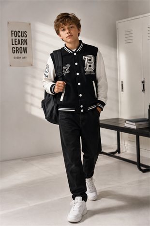 6-13 Yaş Varsity Style Çıtçıtlı Kolej Erkek Çocuk Ceket Lacivert