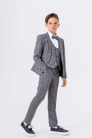 Katyonik Ceketli Yelekli Papyonlu Erkek Çocuk Takım Elbise Gri