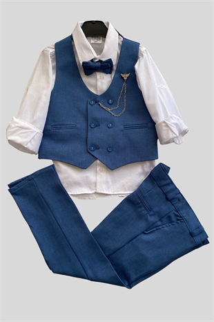 Zincir Detay Çift Düğmeli Erkek Çocuk Takım Elbise İndigo