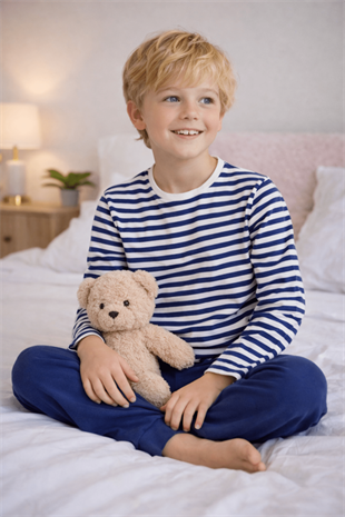 Çizgili Desen Erkek Çocuk Pijama Takımı Lacivert