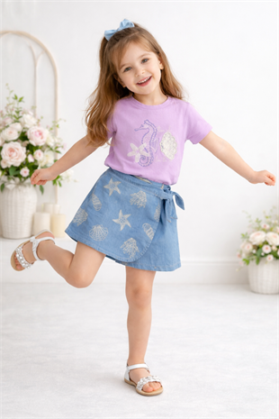 3-7 Yaş Denizatı Detay Kot Şort Etekli Kız Çocuk Takım Lila