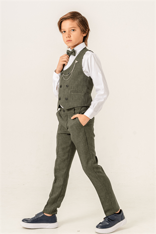 Zincir Çift Düğme Başak Erkek Çocuk Takım Elbise Haki